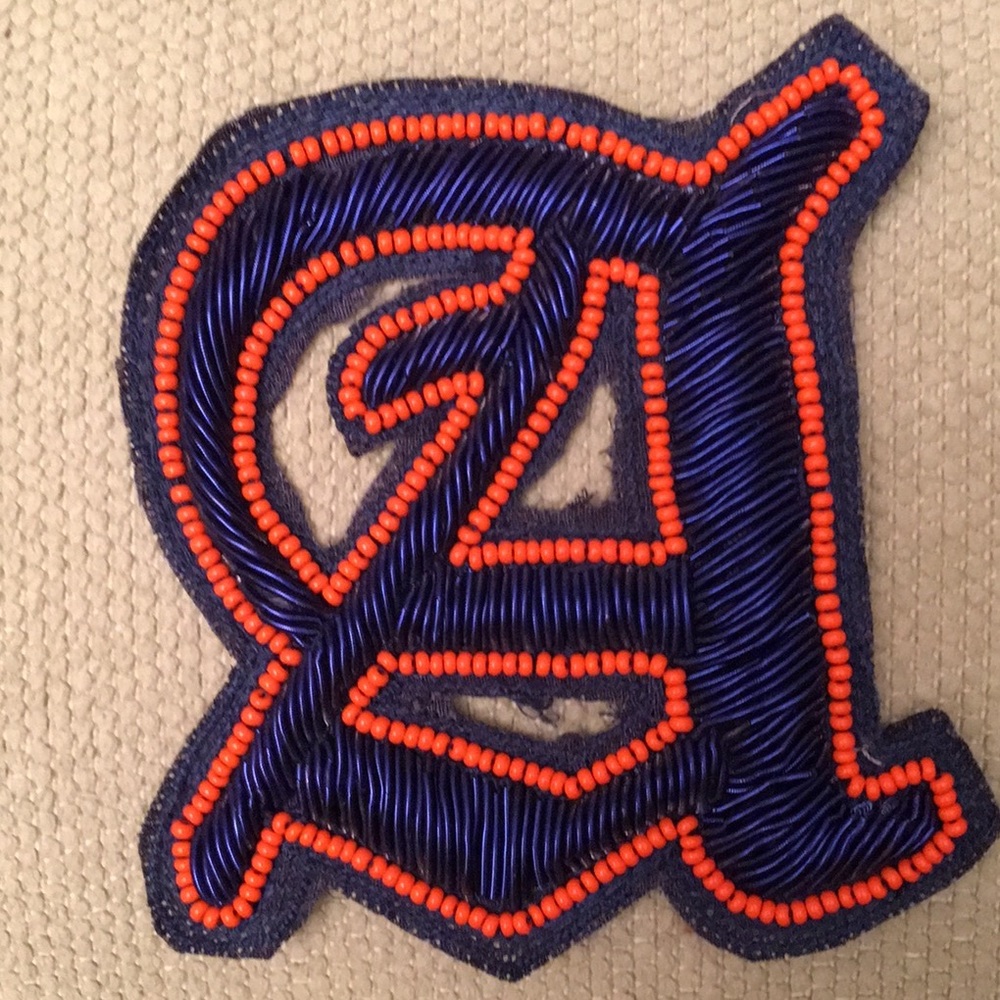 Sew-on appliqué, capital A, beads and cording 3.5”